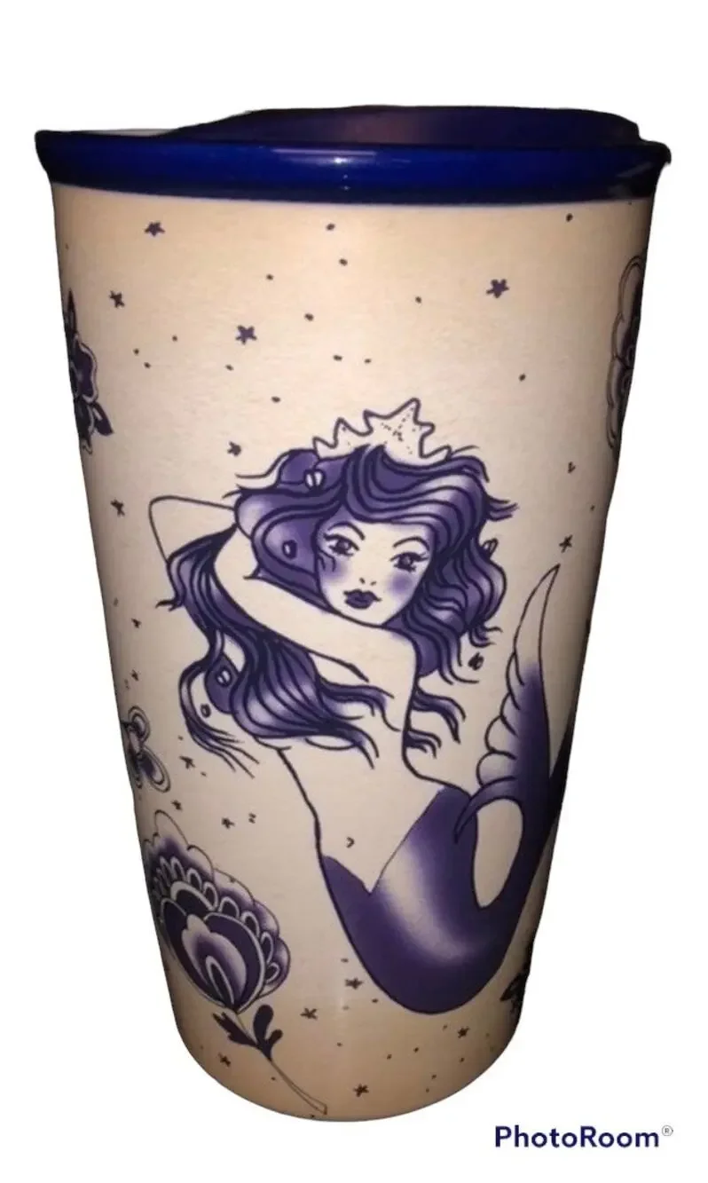 Starbucks 2016 Mermaid Tattoo Siren Ceramic Travel Mug 12 oz with Lid